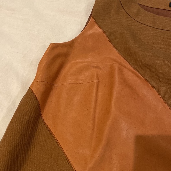 Lafayette 148 New York tan and khaki leather/linen a-line sheath dress 6 - Picture 3 of 4